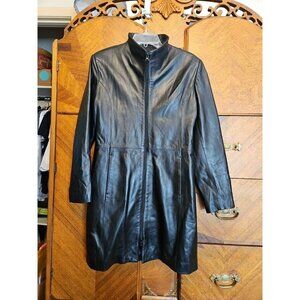 Leather Factory Firenze Long Line Black Leather Full Zip Front Coat FLAWS